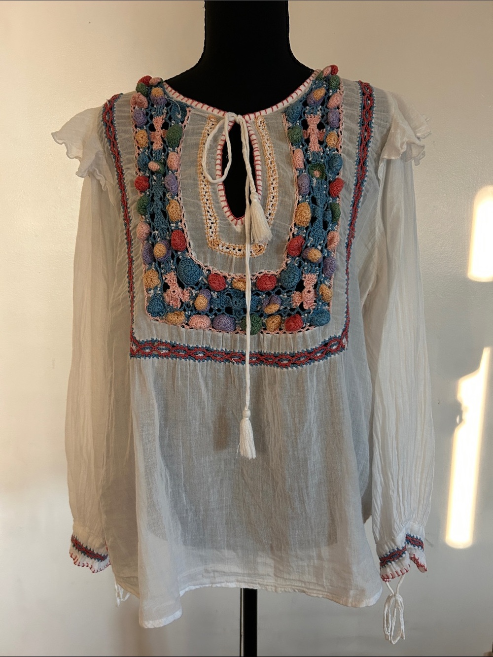 Antik Batik Anthropologie Lovi Blouse Bohemian Peasant Hand Crochet Pom Poms